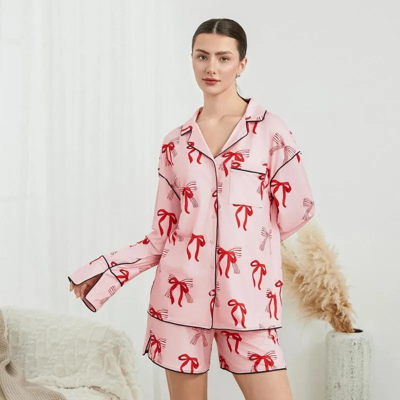 Roupas domésticas Bowknot Print de duas peças Loungewear Conjuntos de pijamas da primavera feminino