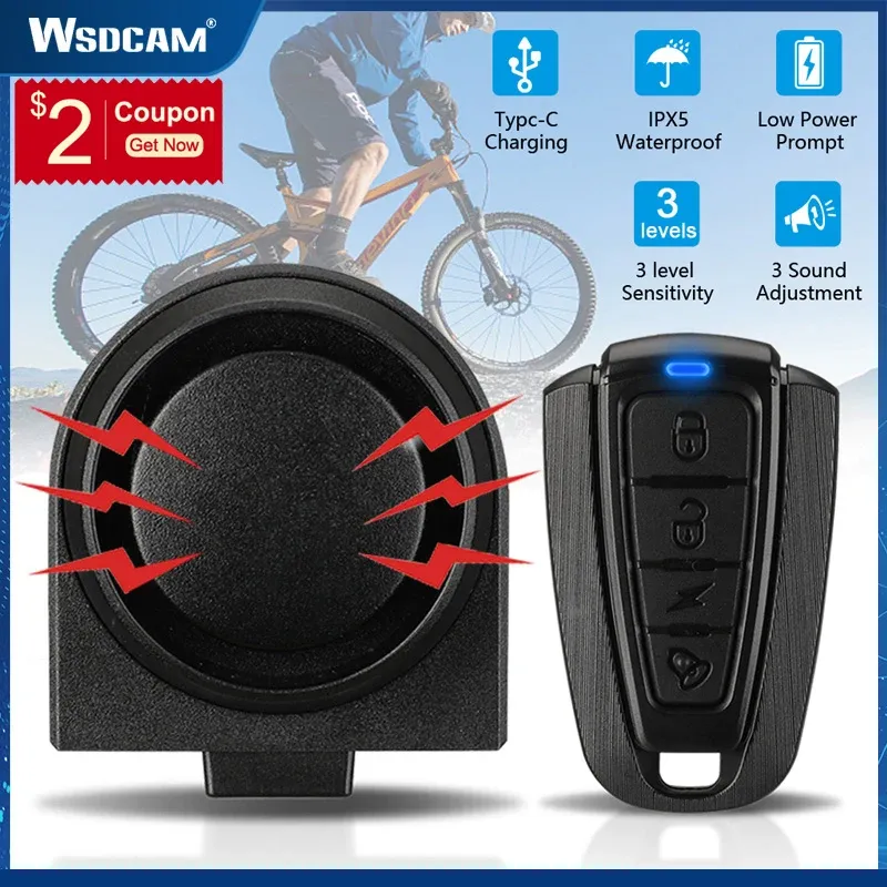 Kits Wsdcam Wireless Bicycle Alarm Waterproof Bike Vibration Alarm USB Charging Remote Control Antitheft Alarm Security Protection