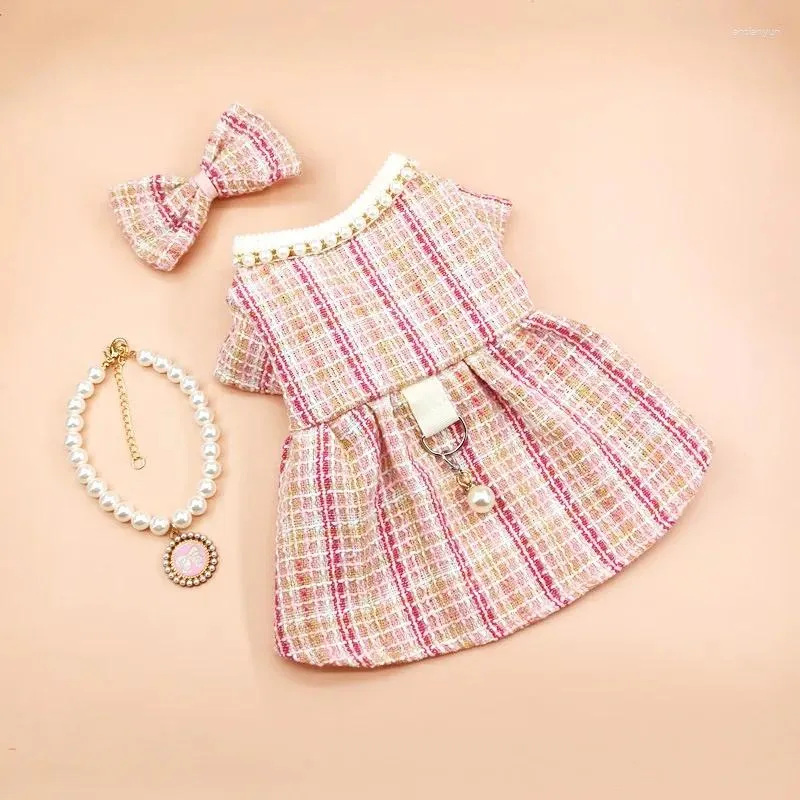 Dog Apparel Autumn And Winter Pet Clothes Pink Princess Dress Set Designer Small Medium-sized Plaid Skirt Necklaces Bows