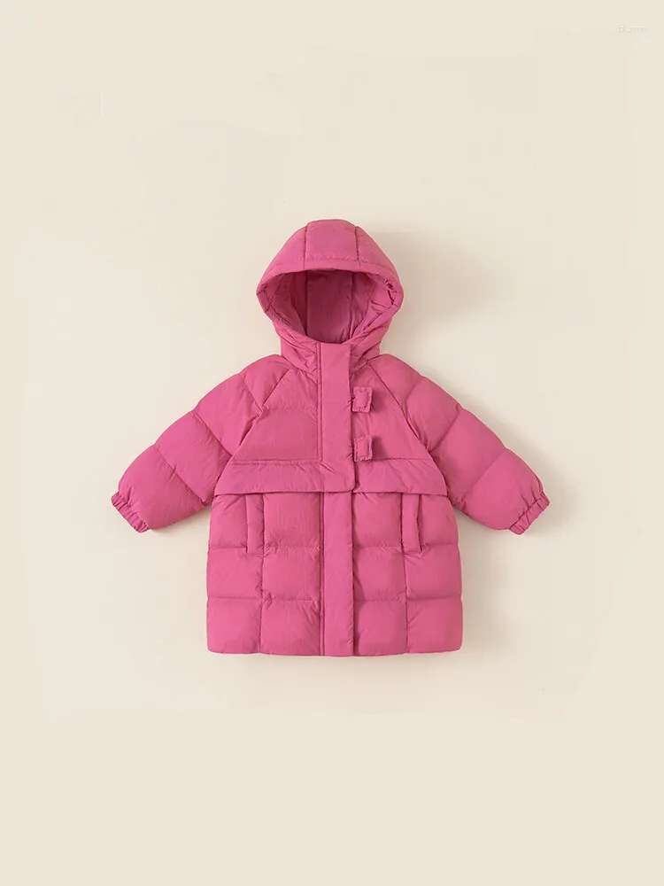 Daunenmantel Kinder Feste Kapuze-lange Jacke 1-8 Jahre Baby Girls Winter High Collar Rose Rot gestepptes Kind warmes weißes Entenkleidung