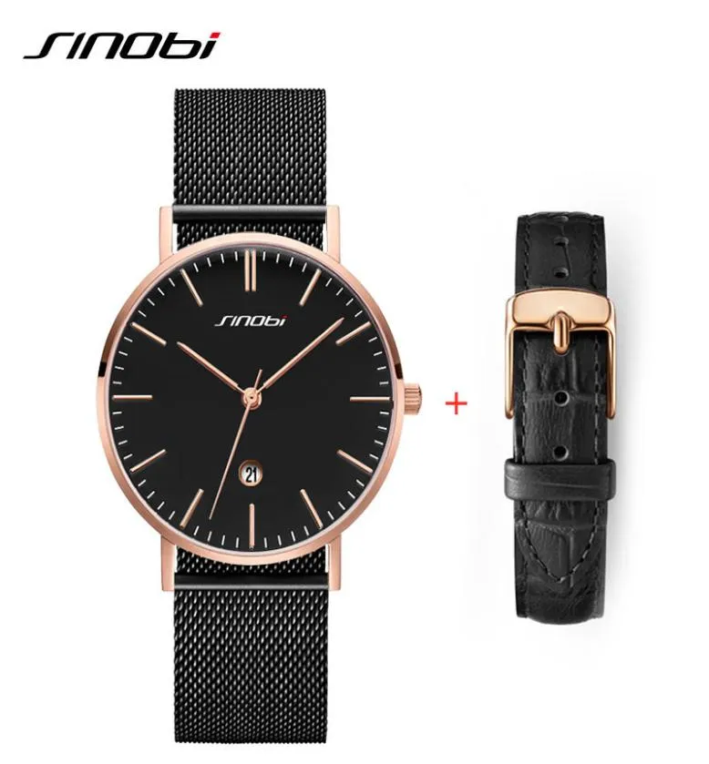 Sinobi Mens Watchs Male Business Male en acier inoxydable Mesh Band Calendrier Quartz Wristwatch Simple Analog Men Watchleather Strap Set8046239