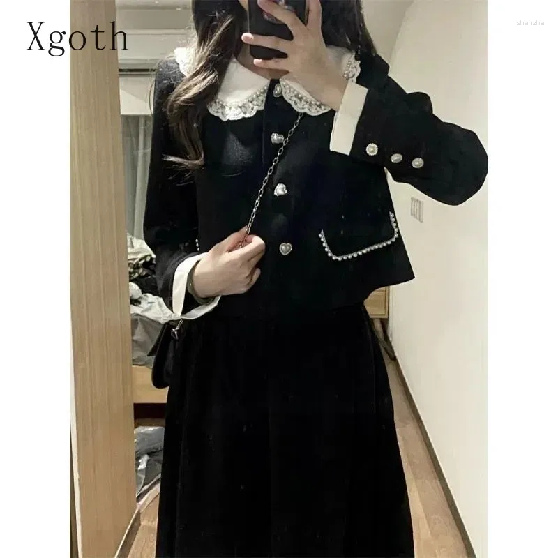 فساتين العمل Xgoth Retro Skirt مجموعة من طية صلق البالينج المرقعة الطويلة معاطف غير رسمية قمم مستقيمة على خط التنانير الفضفاضة على الطراز الكوري على الطراز الكوري