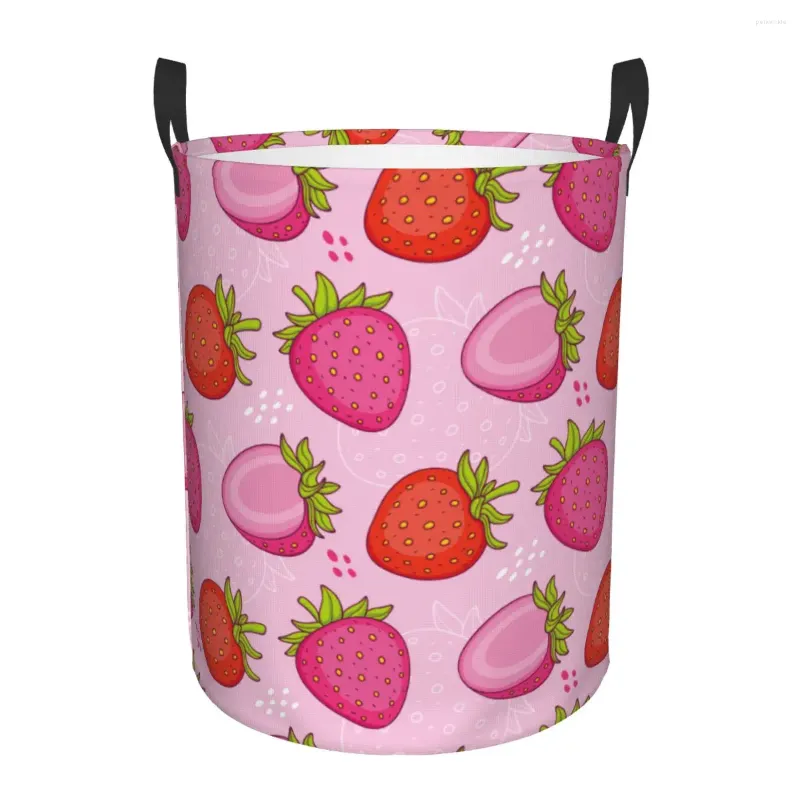 Laundry Bags Folding Basket Pink Strawberries Round Storage Bin Large Hamper Collapsible Clothes Toy Bucket Organizer