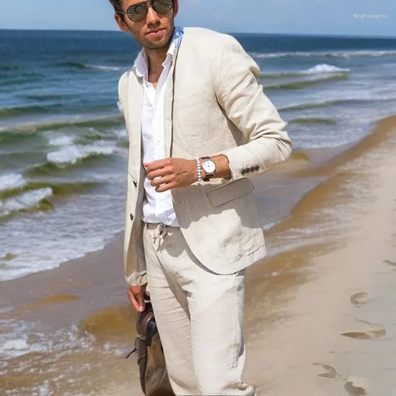 Erkekler Keten Plajı Erkekler İçin Düğün Damat Smokin 2 Parça Partisi Yaz Takım Kıyafet Ceket Pantolonlu Erkek Moda 204