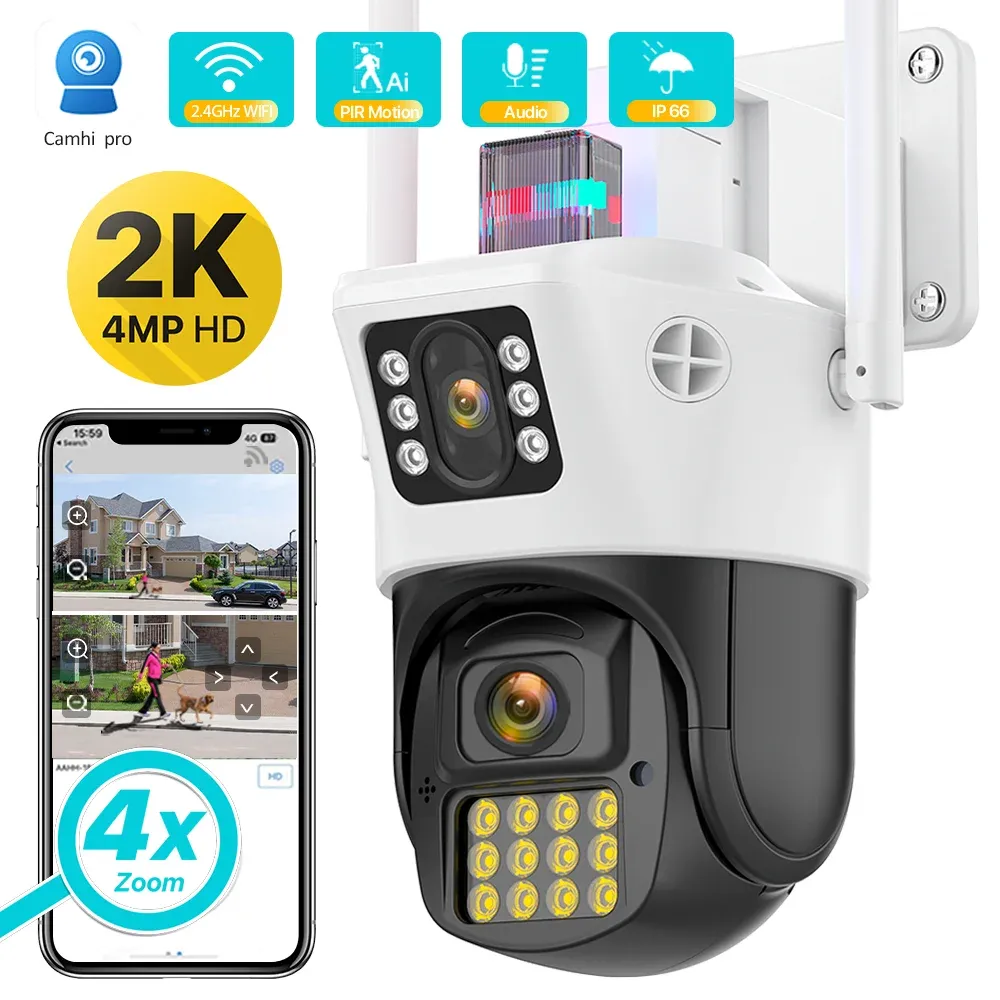 Kamery 4MP HD WiFi kamera IP Outdoor PTZ Dual Ecran Cameras Dual obiektyw AI Human Auto Tracking Security CCTV Nadzór wideo Camhipro