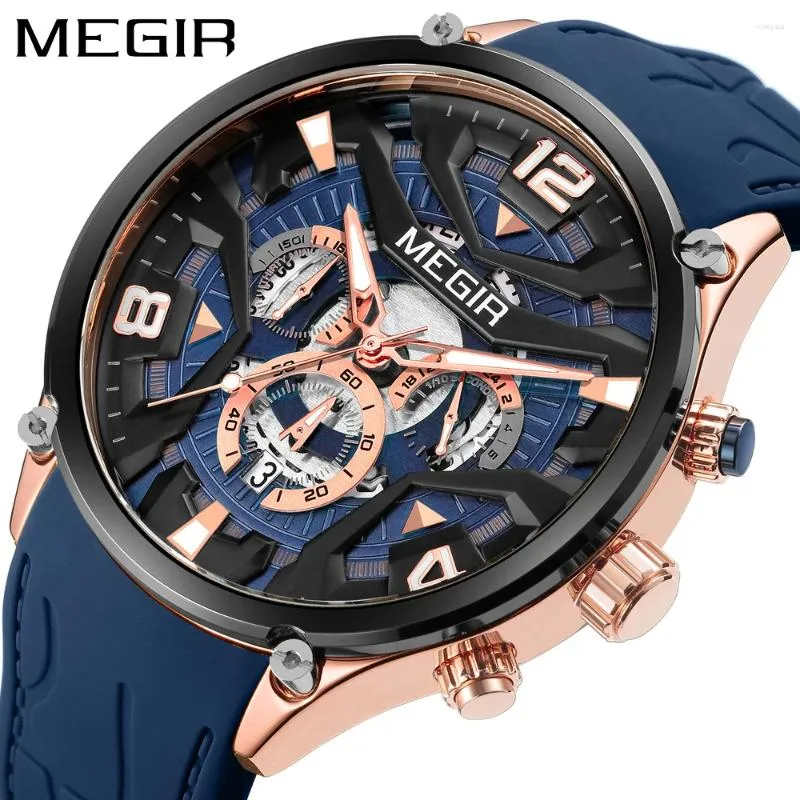 Mujeres de pulsera Megir Military Sport Cuartz Watch Men azul marino Cinturón de silicona de silicona impermeable macho pulsera con cronógrafo de cita manos luminosas