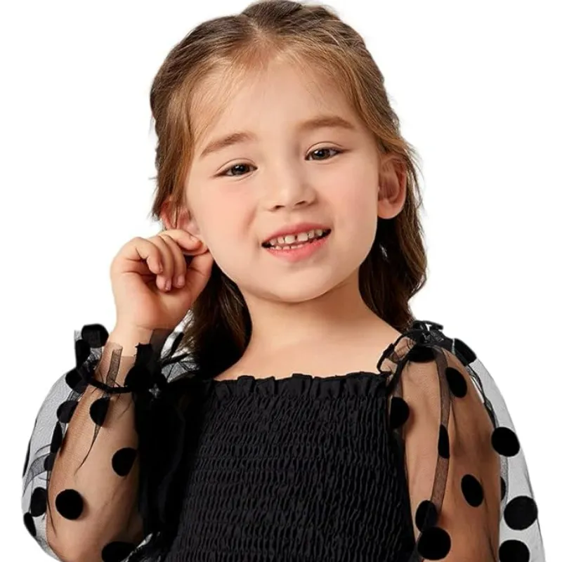 Wdirara Toddler Girl's Polka Dots Mesh Flounage Long Manche évassée Robe