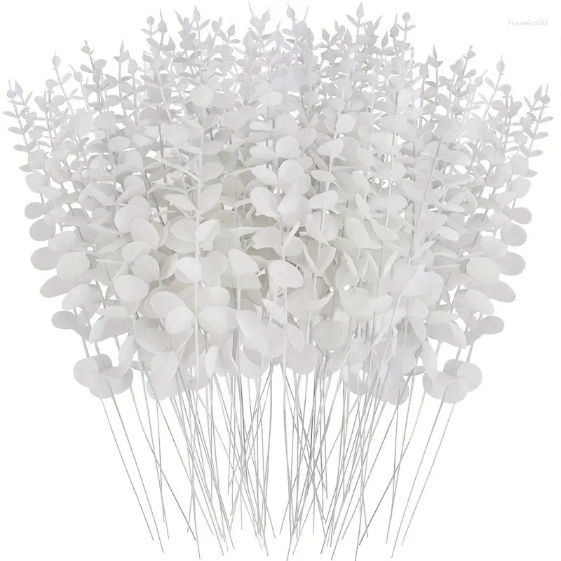 Fleurs décoratives 6pcs Tiches d'eucalyptus blancs feuilles artificielles avec une fausse tige de 16 pouces pour le bouquet de mariage en vase