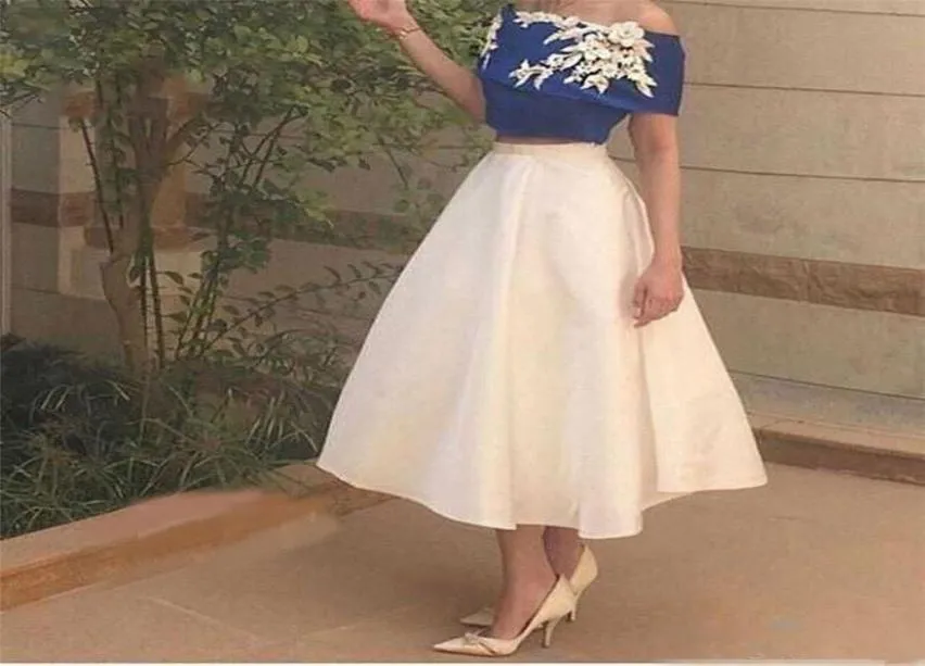 Tealängdsapplikationer offtheshoulder Twopieces Elegant Prom Dress Blue och Ivory Saudiarabien Style Party Dress Vestido Para For6306517