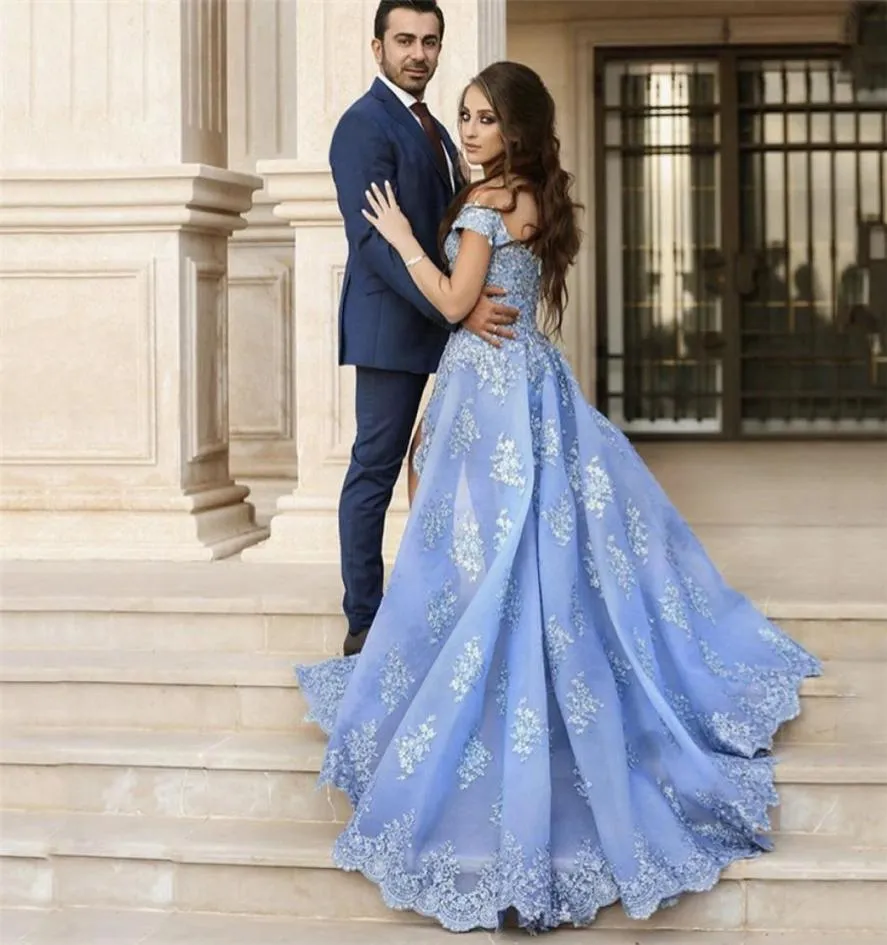 デザイナーVestidos De Formature Off Off The Appliqued Lace Prom Dresses Side Slit Blue Evening Gowns Plus Size許容7748432