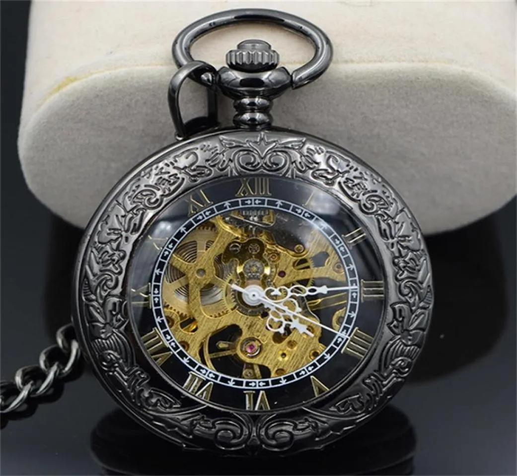 Steampunk Skeleton Male Clock Transparent Mechanical Open Face Retro Ver Vine Pocket Pocket Watch w/Chain Luxury Timepiece T2005023831280