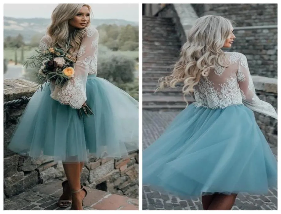 Long Sleeves Two Piece Tulle Skirt Homecoming Dresses White Lace Top with Tutu Skirt Knee Length Prom Dress Party Gowns7832638