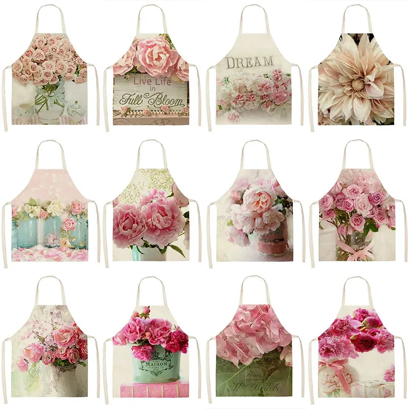 1Pcs Nordic Flower Pattern Kitchen Sleeveless Aprons Cotton Linen Bibs 5568cm Household Women Cleaning Pinafore Home Cooking 240325