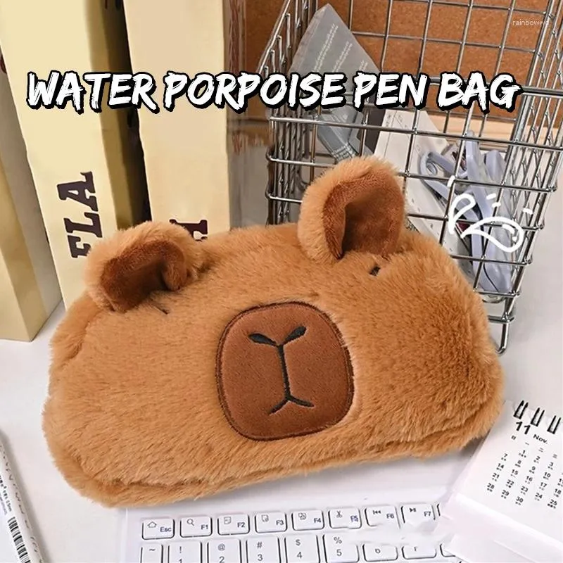 Portachiavi simpatici capybara peli di peluche sacchetto cosmetico ghinea maiale penna per le forniture scolastiche di grande capacità box di cartoleria