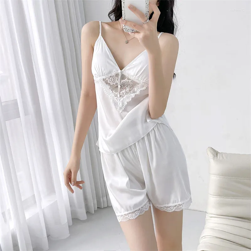 Home Clothing Summer Suspender Pajamas Set Lingerie Sexy Strap Top Shorts Pyjama Sleep Suit Women Lace Hollow Out Sleepwear Satin Homewear