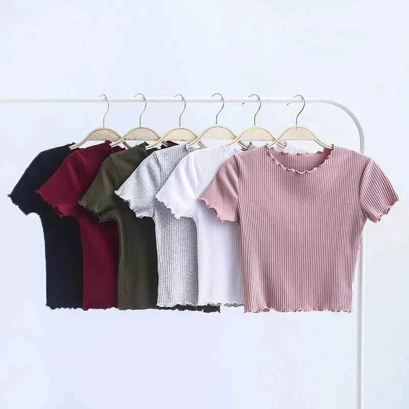 2024 SpringSummer Style Fashion Wood Ear Edge Slim Fit Short sleeved Tshirt Top Womens Wear 240403