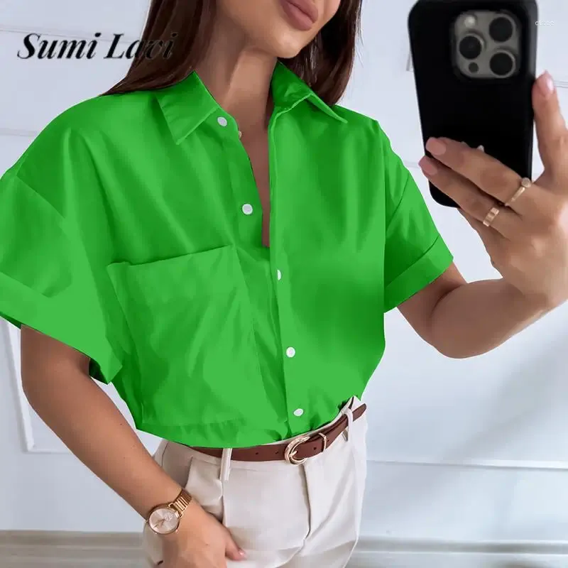 Kvinnor BLOUSES Office Lady Temperament Slim Women 2024 Summer Elegant Multi-Color Pocket Shirt Casual Short Sleeved Single Breasted Top