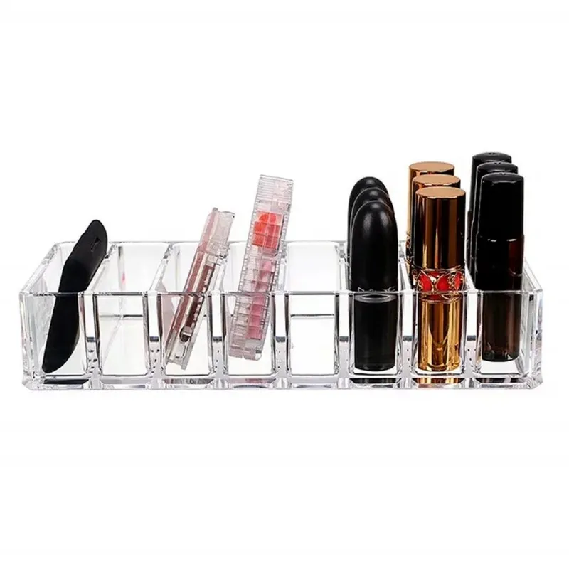 ACRYLIC Makeup Compact Powder Holder Bush Shoeshadow Lipstick Organizer 8 slots maquiagem de maquiagem Caixa de armazenamento para suporte de cosmético acrílico