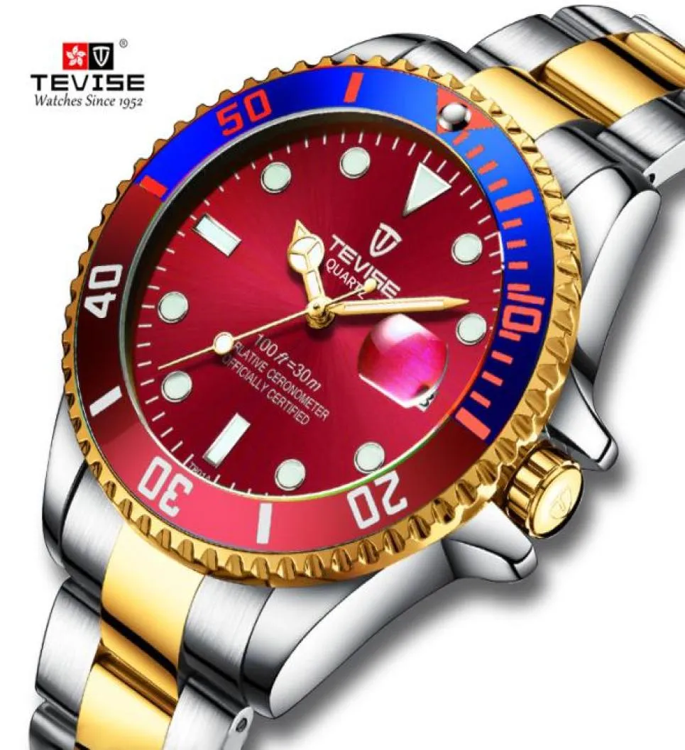 Tevise Green Water Ghost Men Quartz Watch Calendar Business Imperproof Businets Watchs en acier inoxydable RELOJO MASCUINO5616985