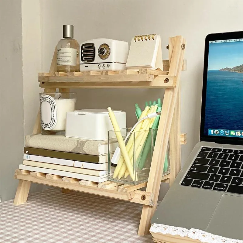 Krokar trä Desktop Storage Rack 2-lagers hyllfällbar skrivbordsorganisatör stationär för sovrummet sovrum