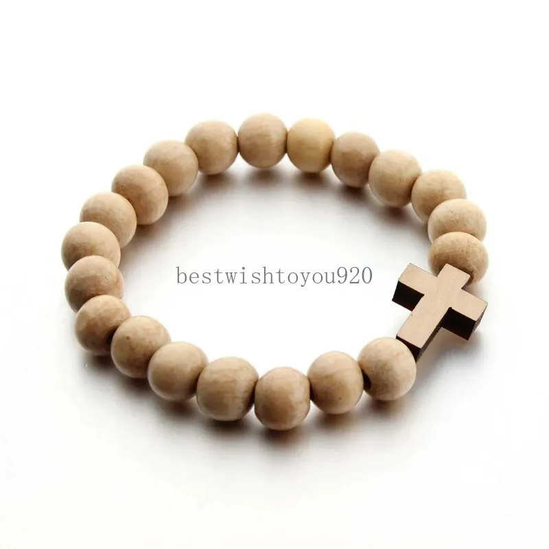 Naturholzkreuz -Perlen -Armbänder für Männer Frauen handgefertigt klassisch unisex 10mm Holzperlen Stränge brauner religiöser Anhänger Rock Hiphop Hip Hop Schmuckgeschenke