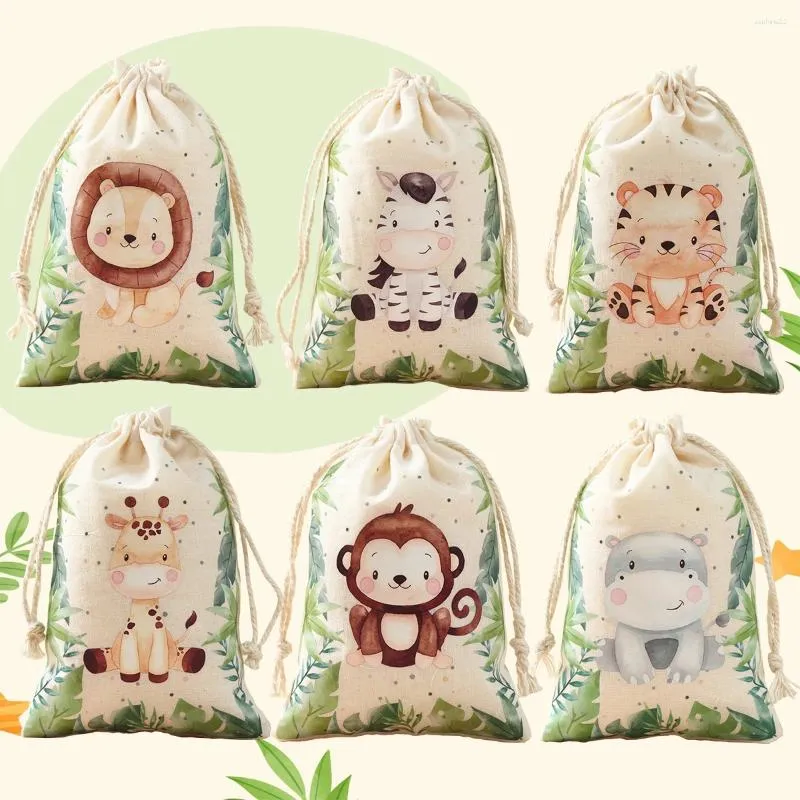 Gift Wrap 6pcs Jungle Animal Candy Bag Drawstring Birthday Party Wedding Decor Kids Wild One Baby Shower Sack Packing