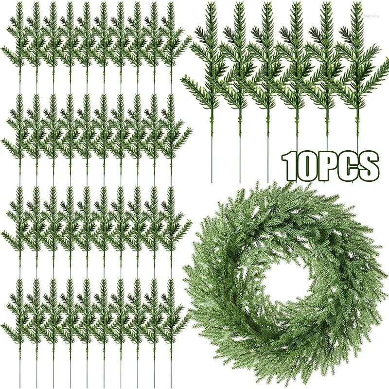 Flores decorativas 1/10 piezas de agujas de pino artificial ramas 7 hojas de planta verde hojas de árboles de Navidad