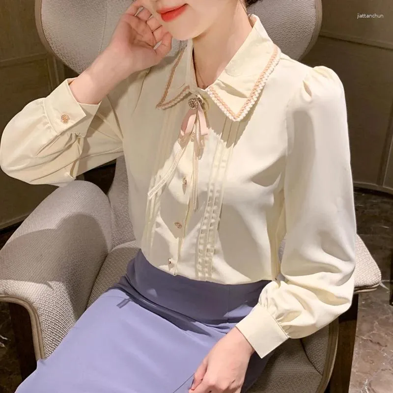 Frauenblusen Korean Fashion Chiffon Shirt Frühling 2024 Langarm Office Lady Bluse Single-Breasted Bowknot Women Tops