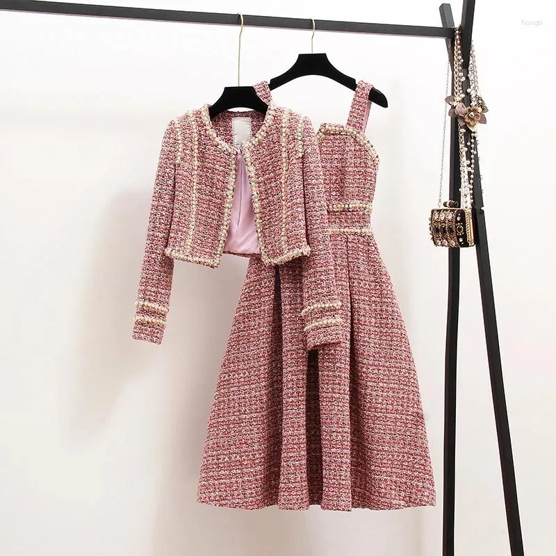 Work Dresses Spring Autumn Bright Silk Tweed Suit Dress Women Fashion Stitching Weave Knit Female Jacket Two-Piece