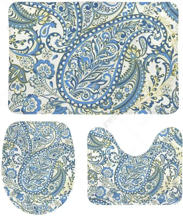 Badmatten Teppich Set 3 Stück Blau Paisley Batroom Teppiche nicht rutschfeste Matte U-förmige Kontur O-förmige Toilettendeckel Wasser saugfähig Abdeckung