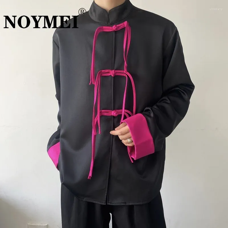 Men's Casual Shirts NOYMEI Contrast Ccolor Pink Stand Collar Long Sleeve Shirt Knot Button Fashionable Chinese Style Patchwork Male Top