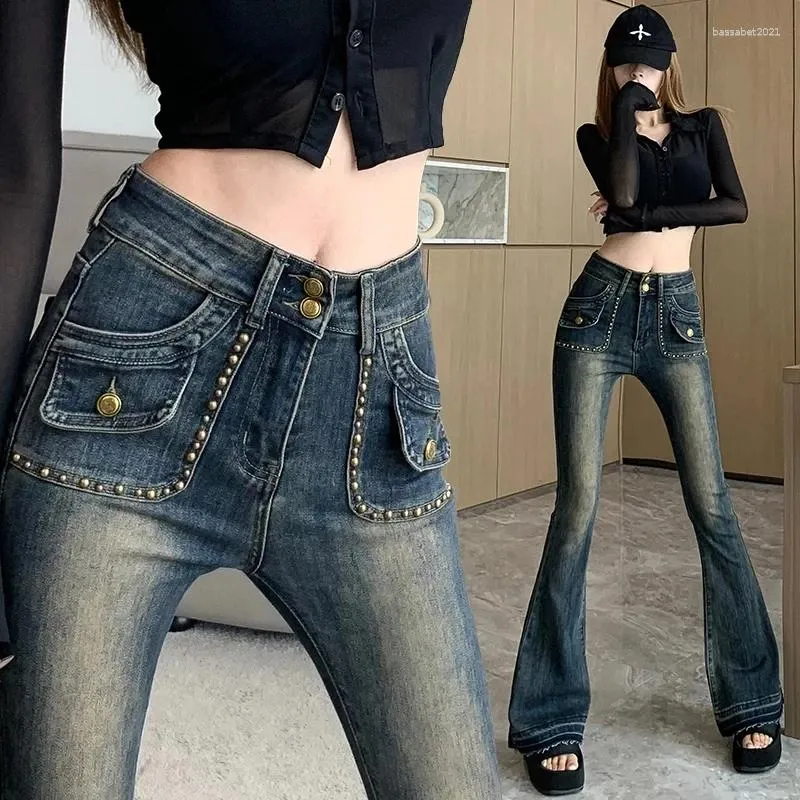 Damesjeans klinknagel wijd uitlopende vrouw magere pocket patchwork denim broek ladie slanke mujer mode bling laars gesneden broek push omhoog hoge girs