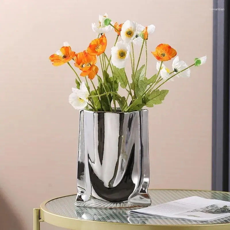 Vases Advanced Sense Light Luxury Pleated Ceramic Vase Creative Decoration Living Room TV Cabinet Porch Dining Table Ins Style Or