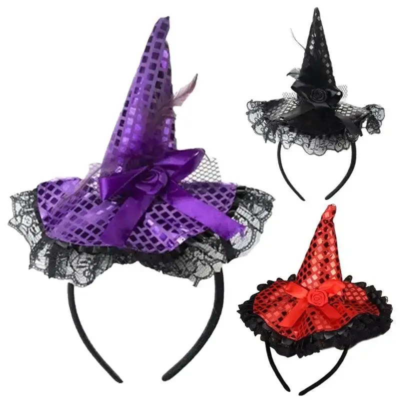 Witch Headband Sequin Lace Veils Costume Accessories Halloween for Women HOARBOEG Witch Hat Headband for Women, Sparkly Sequin  main image 4