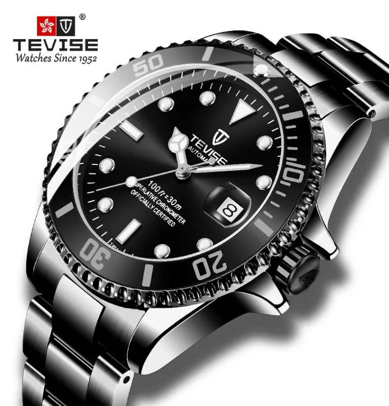 Tevise Moda Brand Men Watch Mechanical Watch All Black Stailness Steel Relógio Automático Moda Men luminous Hand Business Clock1732796