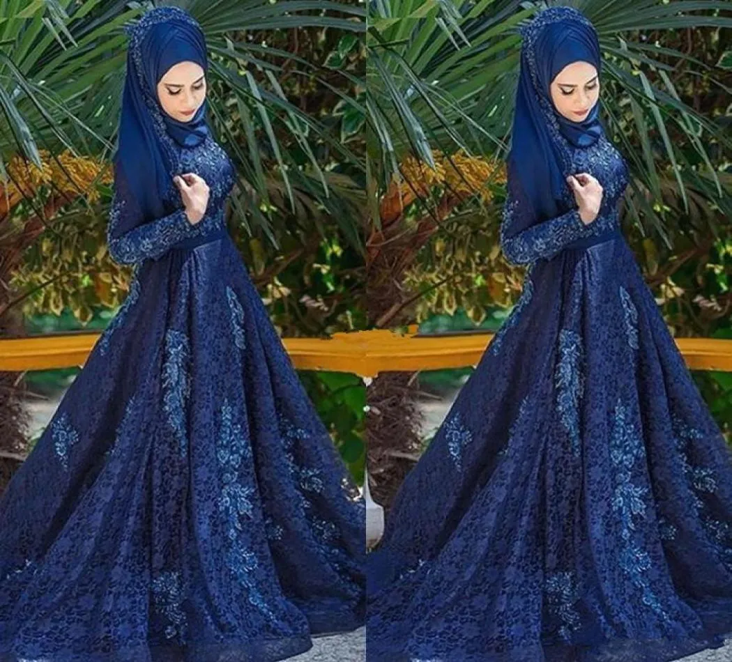 Marineblauwe moslim kanten vrouwen formele avondjurken hijab lange mouwen applique 2017 plus size a line formal prom party jurken9218012