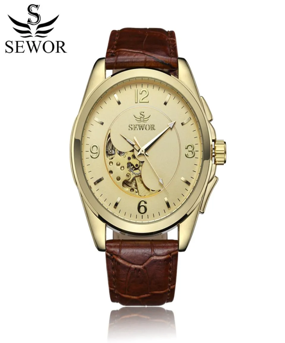 SEWOR Luxury Automatic SelfWind Mens Automatic Watch Leather Strap Business Wristwatches Watch Skeleton Mecanico Male SWQ485680252