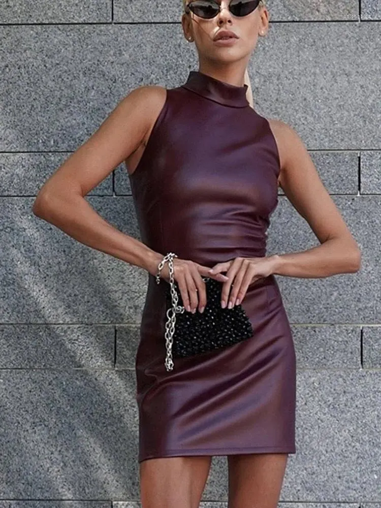 Casual Dresses Fashion PU Leather Mini Dress Women Elegant Stand Collar Bodycon Short Party Female Sexy Slim Sleeveless Evening Vestidos