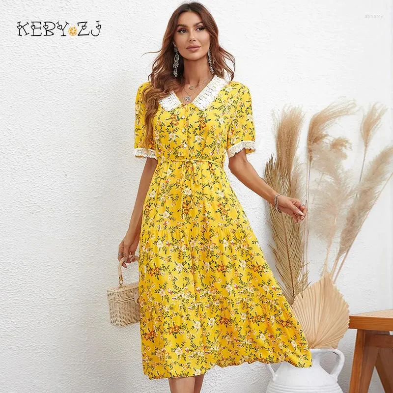 Платья для вечеринок keby zj summer sweet girl elegant Женская печать V-образное желтое с коротким рукавом повседневное длинное платье Женская одежда