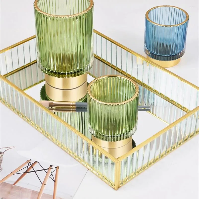 Boîtes de rangement Boîte de bureau Rich Texture Vase Verbe Glass Breat Stripe Salle de bain Bodet à rayures Tasse verte foncé