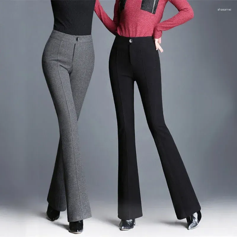 Kvinnors byxor kontor lady mode slim ull flare höst vinter kvinnor kläder elastisk midja solid svart grå casual kostymer byxor n113