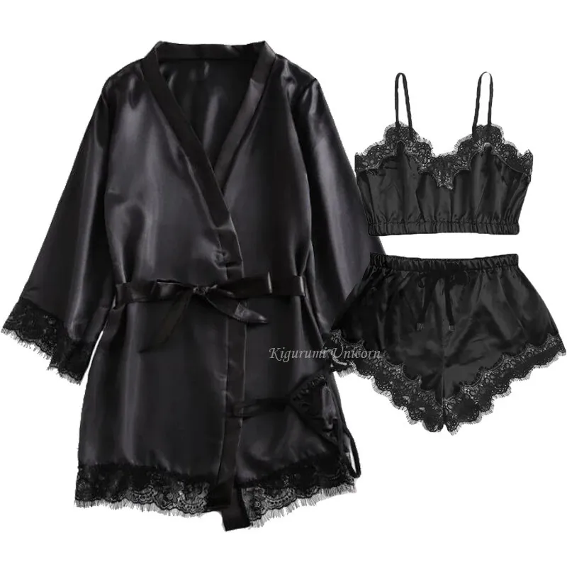 Black Sexy Womens Pajamas Satin 4piece Lace Silk Suspender Tops Shorts Robe Set Nightgown Underwear Nightdress Suit 240326