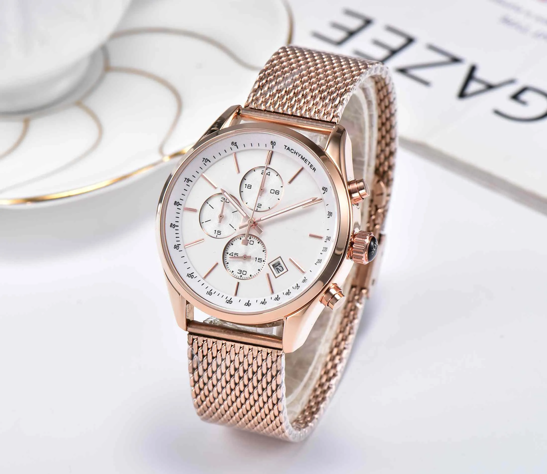 TACHYMETER ROSE Women Watch Designer Mens Titta på digital rostfritt stål fast färg Display Ny kalender 6-stiftkvartklocka Stålband