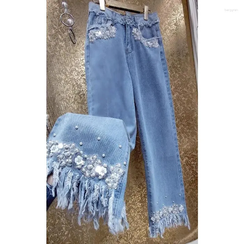 Dames jeans dames solide kleur luxe high-end zware industrie kralen pailletten bloemen rechte tassel denim broek vrouwelijke kleding