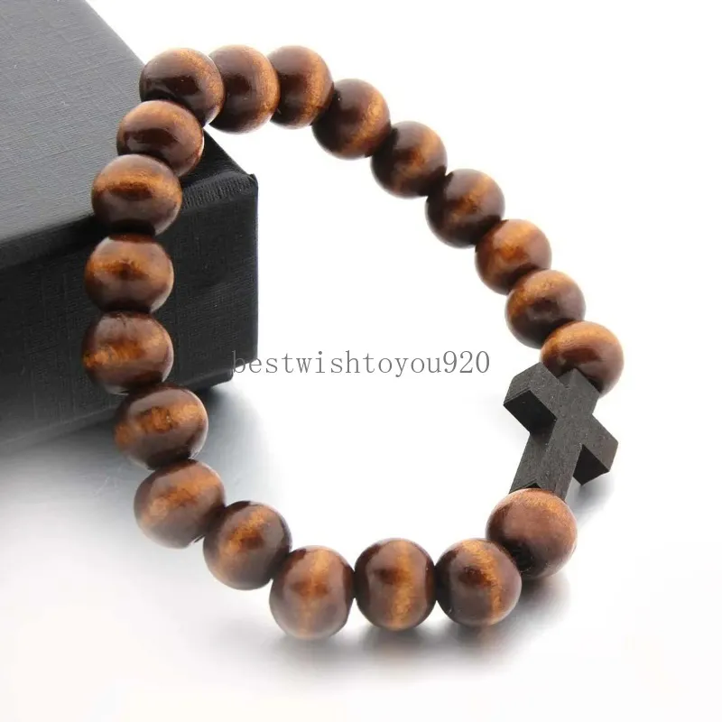 Bracelets de perles de croix en bois naturel pour hommes Femmes faites à la main classiques unisexes 10 mm perles en bois brins