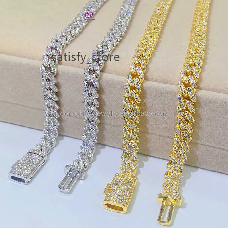 Pass the diamond test pen Moissanite Diamond Miami Cuban Link Chain 8mm 18K Gold Hip hop Necklace Bracelet 925 Silver Plated