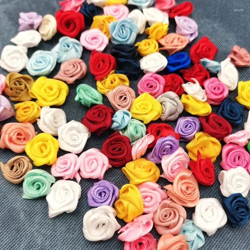 Decorative Flowers (100pcs/pack) 15mm Mix Color Small Rose Flower Mini Handmade DIY Satin Ribbon Head Wedding Scrapbooking Decoration