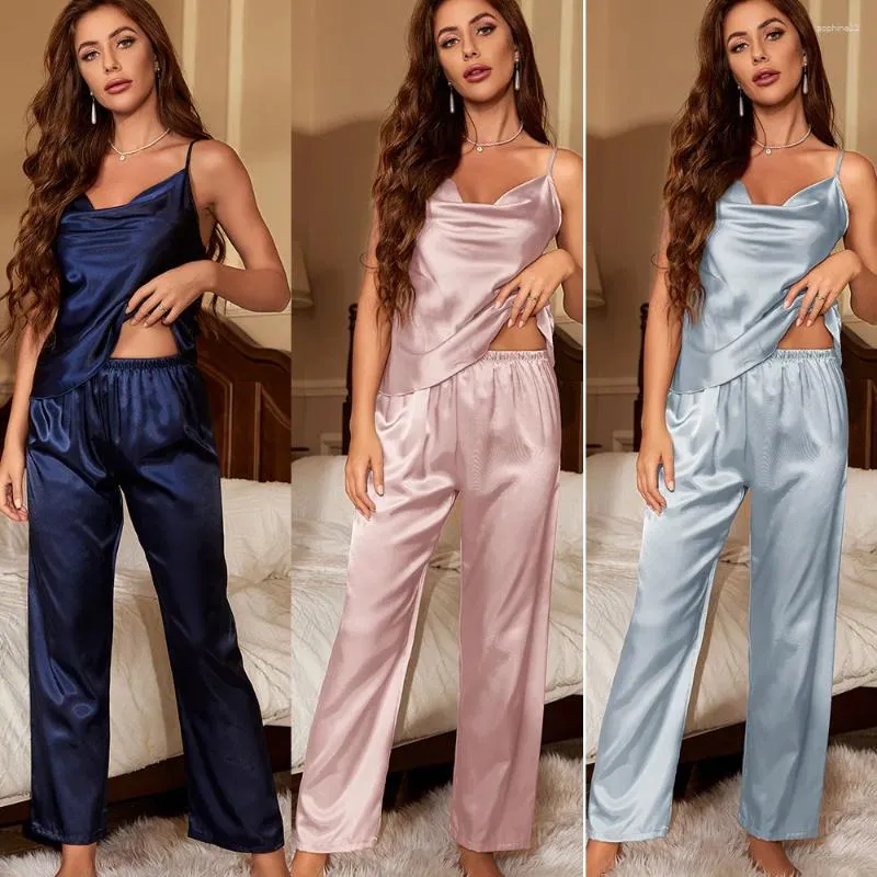 Roupas domésticas pijamas calças de calça terras de primavera suspensa de sono sono pijama feminino conjunto de pijama sexy femme cetim wear loungewear