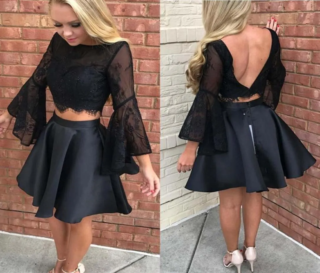 2022 Sexig svart Juliet långa ärmar Homecoming Prom Dress Short Jewel Neck Sequin Pär med två stycken Satin Party Graduation Cocktai4715465