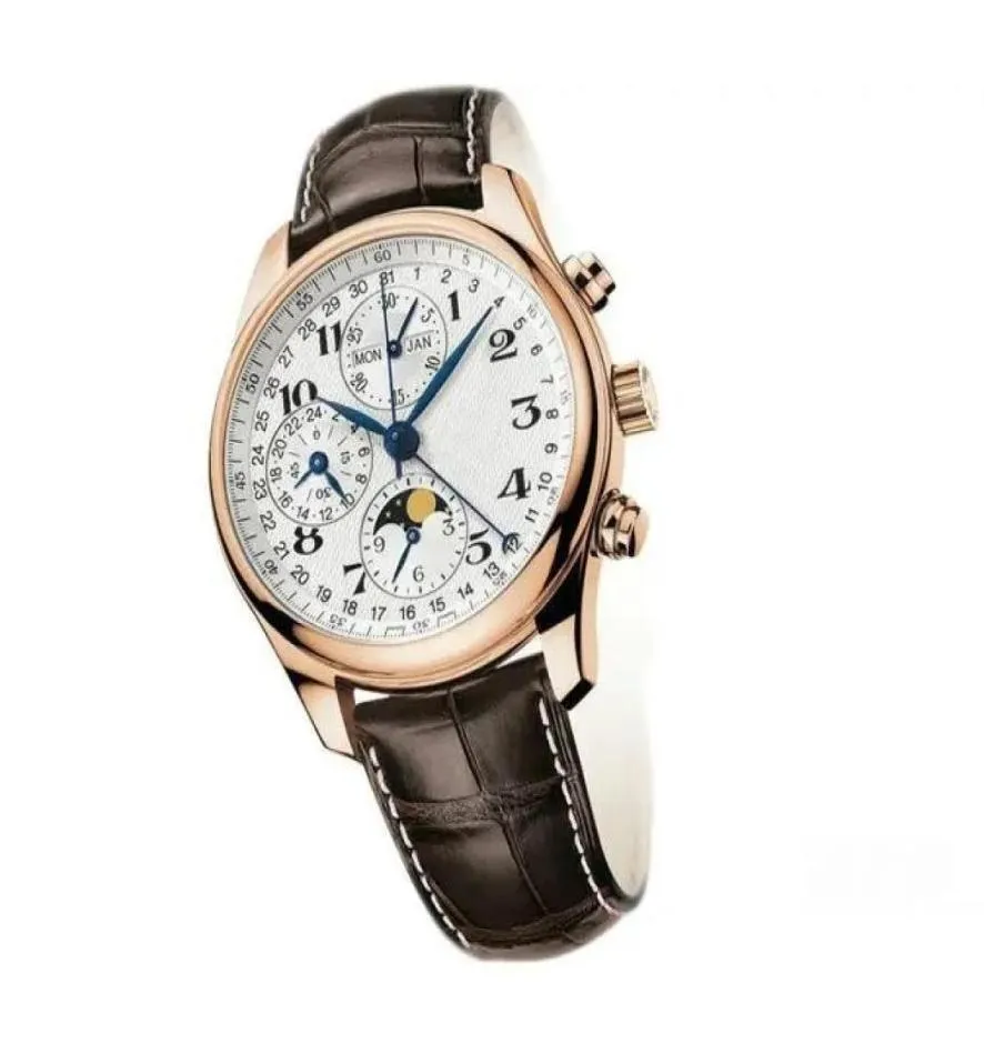 Classic Man Watch Mechanical Automatic Watches for Men White Dial Brown Leather Strap 0014358299